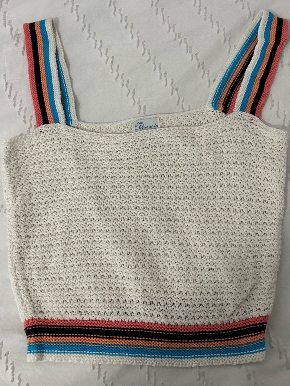 Francesca’s Blue Rain Women’s Crochet Sweater Cropped Tank Top Rainbow Stripe XS